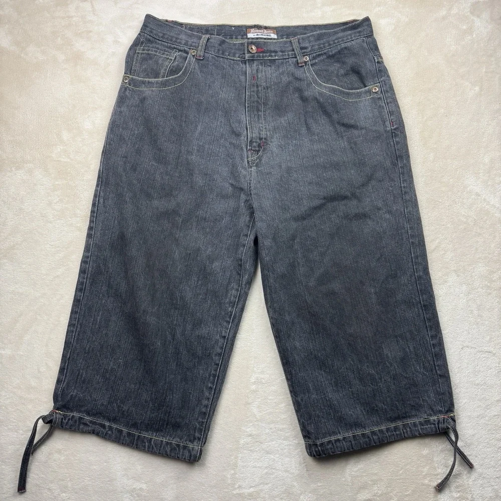 Y2K Russo Jorts Men 40(38) Black Baggy Shorts Rainbow Embroidered Drawstring Hem